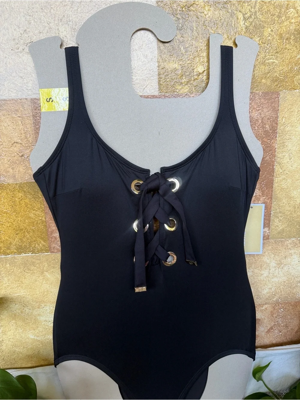 Michael Kors One Piece Front Lace-Up Low Scoop Back Black/Gold Swimsuit, Size 6